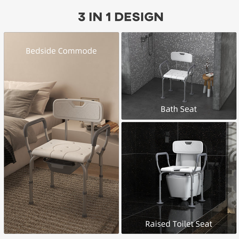 Height Adjustable Shower Stool with Arms Backrest and Removable Commode for Elderly, White