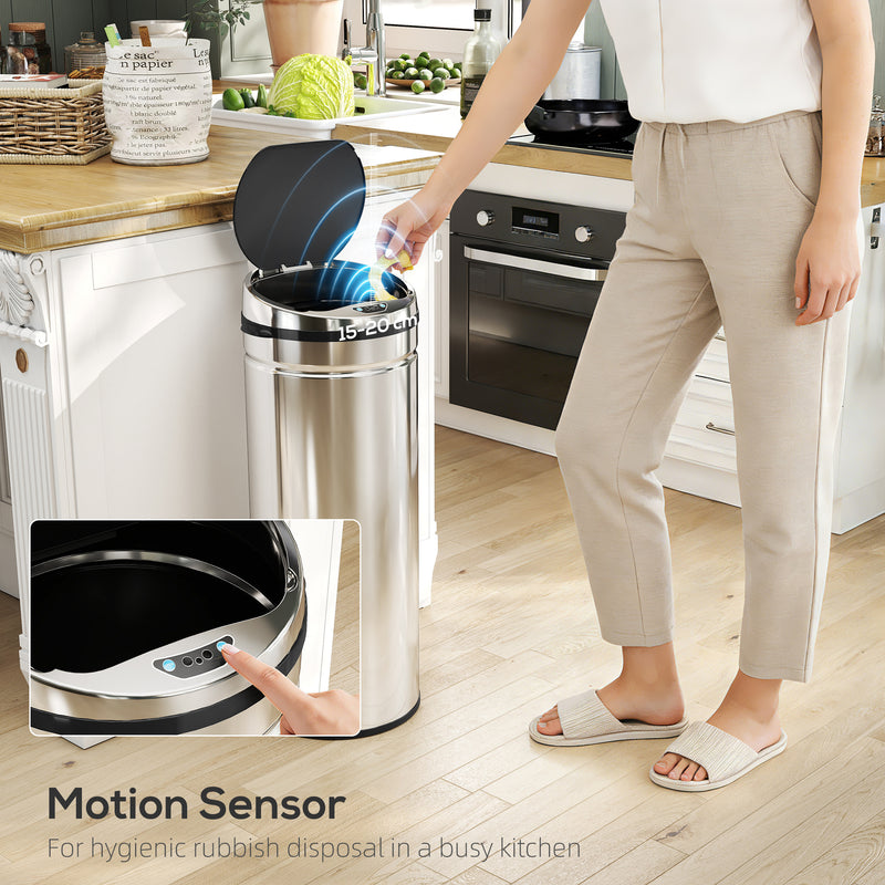 50L Stainless Steel Automatic Sensor Bin With Touchless Lid For Kitchen Or Office Use, Silver