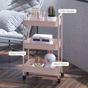 Pink Three Tier Steel Storage Trolley with Wheels for Home Office or Salon by HOMCOM