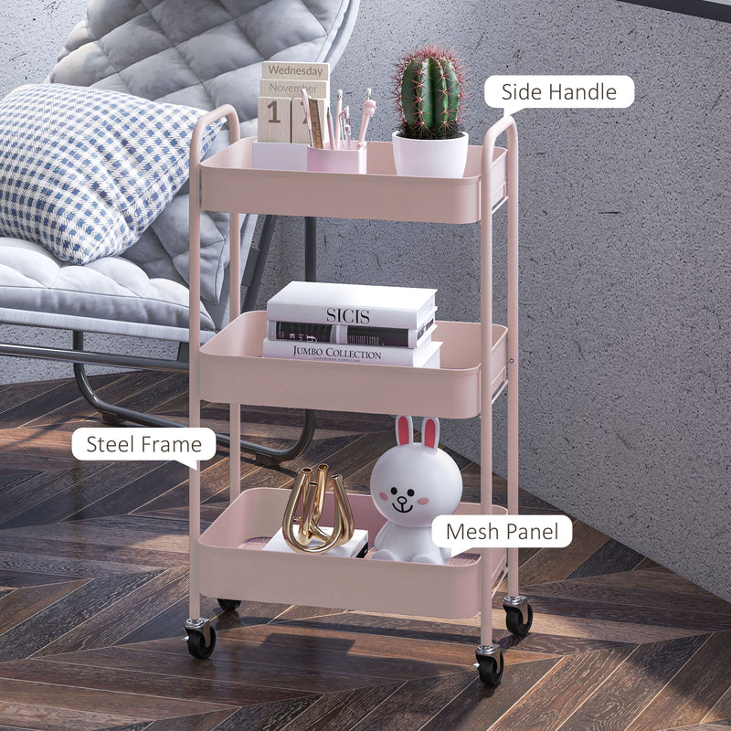 Pink Three Tier Steel Storage Trolley with Wheels for Home Office or Salon by HOMCOM