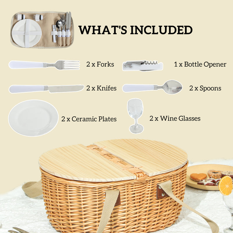 Wicker Picnic Basket for 2 with Cooler Compartment and Wooden Lid for Outdoor Use Light Brown AOSOM