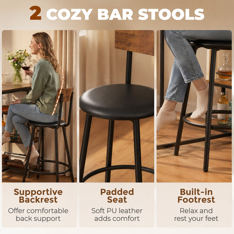 Bar Table Set with Storage Shelves and Space Saving Chairs for Small Dining Areas Rustic Brown
