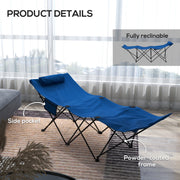 Dark Blue Foldable Sun Lounger With Headrest and Side Pocket for Beach or Garden Use