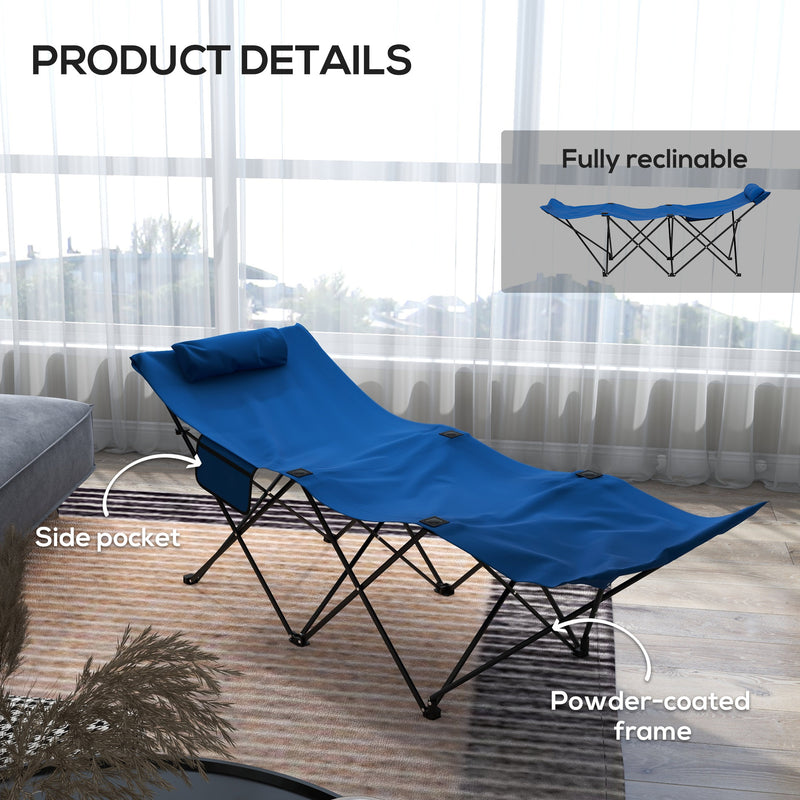 Dark Blue Foldable Sun Lounger With Headrest and Side Pocket for Beach or Garden Use