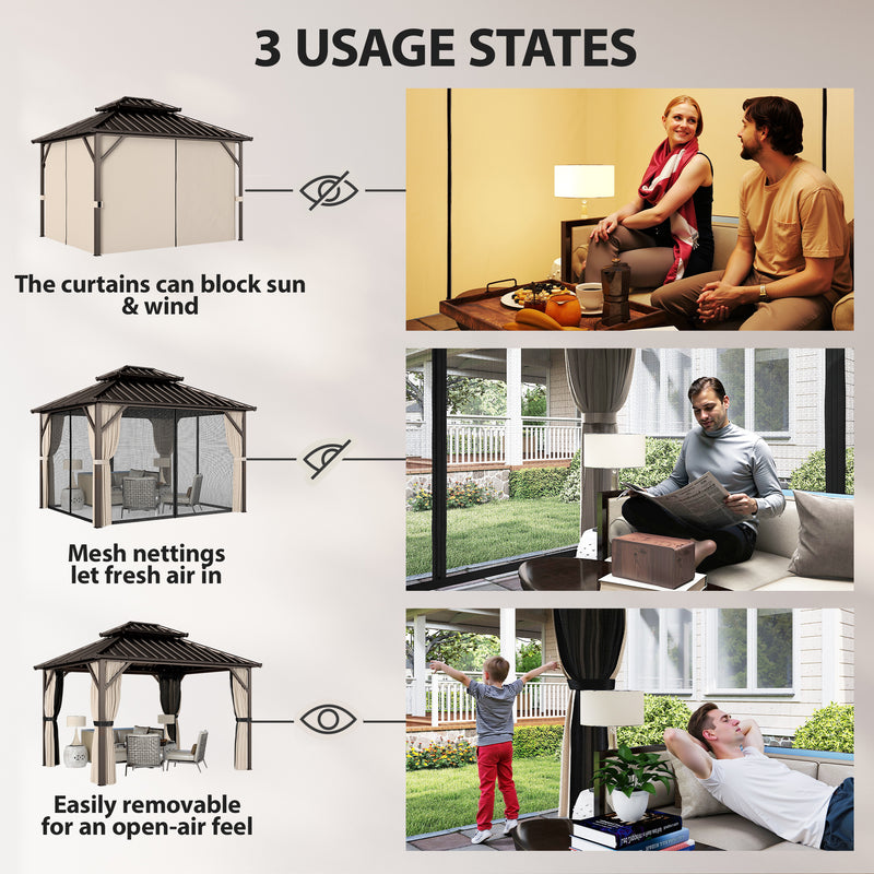3.6 x 3m Metal Gazebo with Metal Roof, Privacy Curtains and Insect Netting for Year Round Shelter, Brown & Black