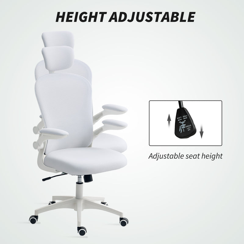 White Ergonomic Mesh Office Chair With Lumbar Support Headrest And Adjustable Design