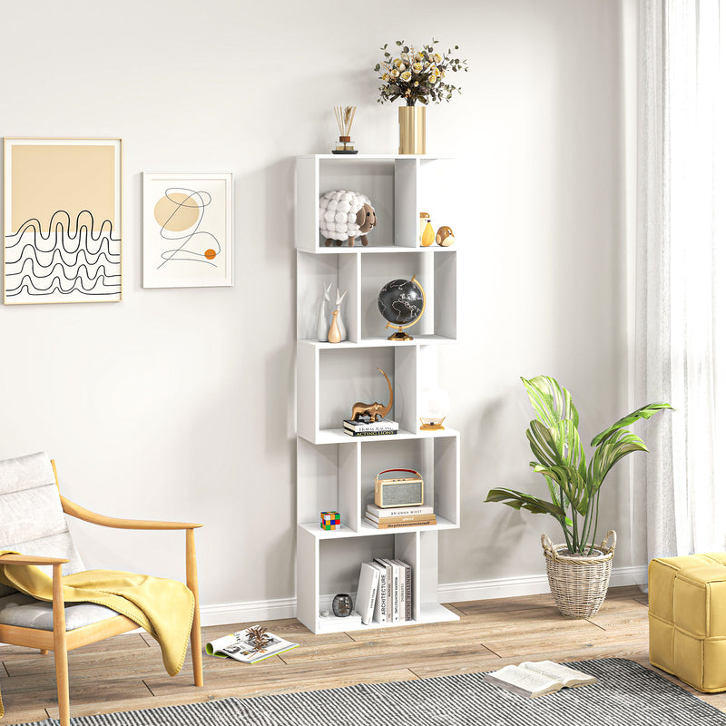 White Bookcase - Modern 5 Tier S Shaped Design For Home Office or Living Room - 60x24x185cm Homcom