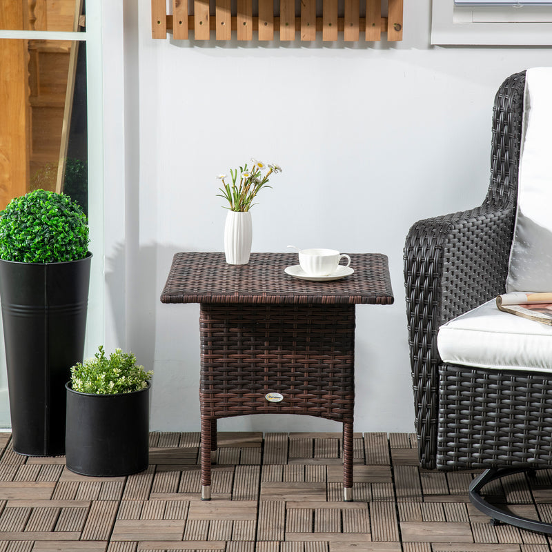 Brown Square Rattan Garden Side Table With Plastic Top For Patio Balcony Or Outdoor Use