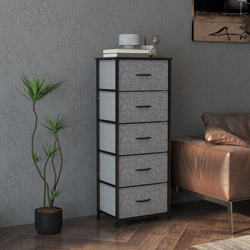 Fabric Chest of Drawers with 5 Storage Drawers Steel Frame and Wooden Top Dark Grey by HOMCOM