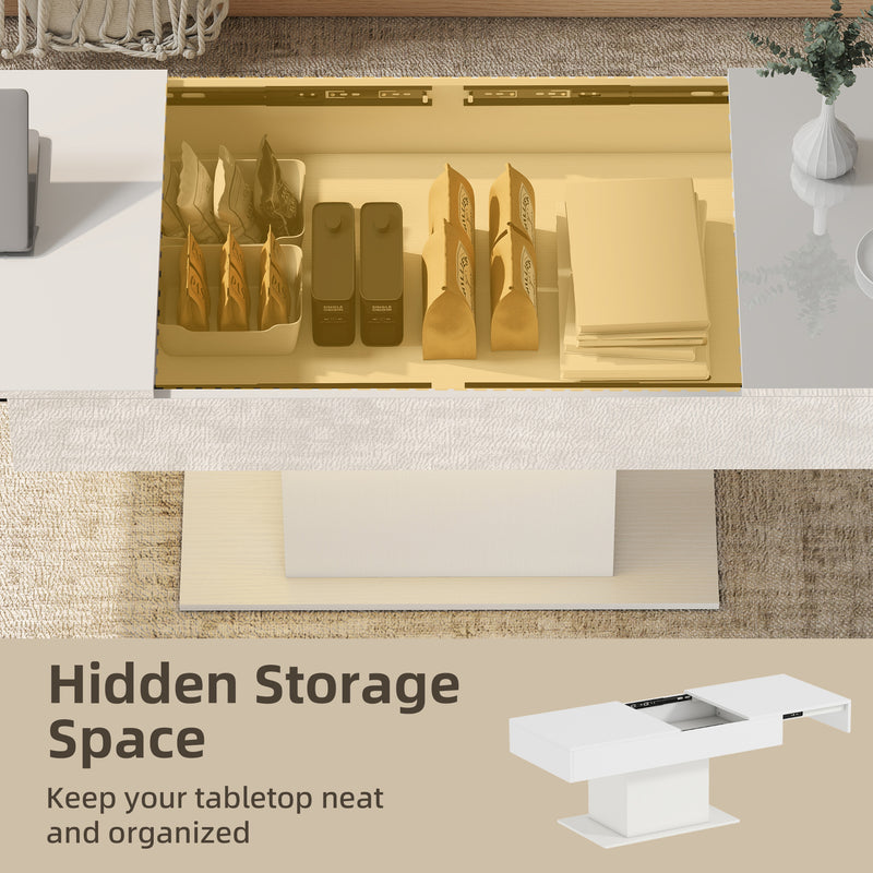 Extendable Coffee Table with LED Lighting and Hidden Storage for Living Room High Gloss White AOSOM