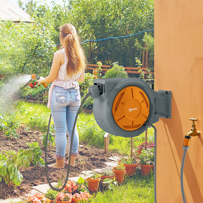 Wall Mounted Retractable Garden Hose Reel 30m With Auto Rewind And Spray Nozzle Orange AOSOM