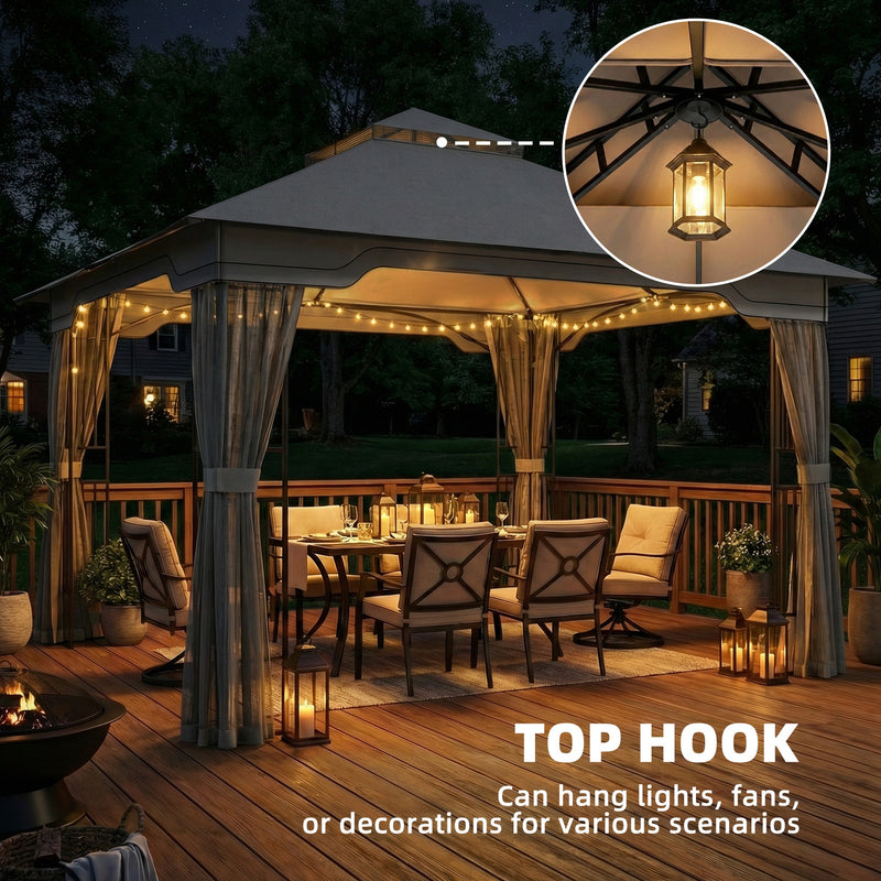 3.3 x 3.3m Metal Gazebo with Mesh Sides for Cool Shaded Outdoor Relaxing and Dining, UPF50+ Dark Grey Outsunny