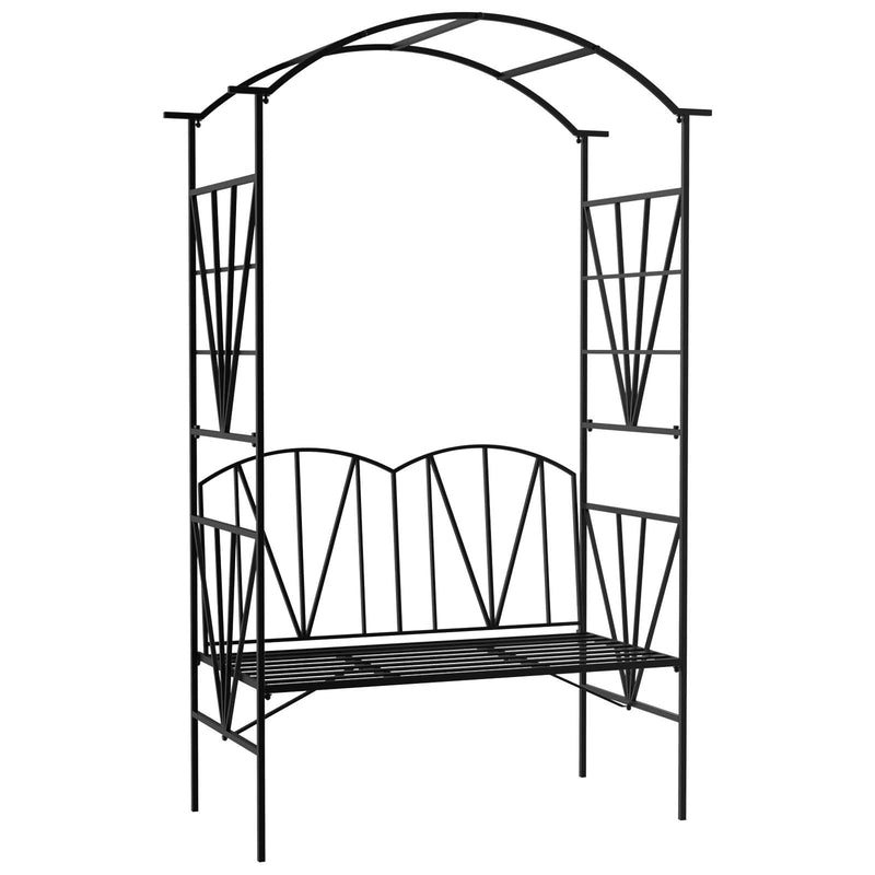2 Seater Metal Garden Bench With Decorative Arch Ideal For Climbing Plants Black AOSOM