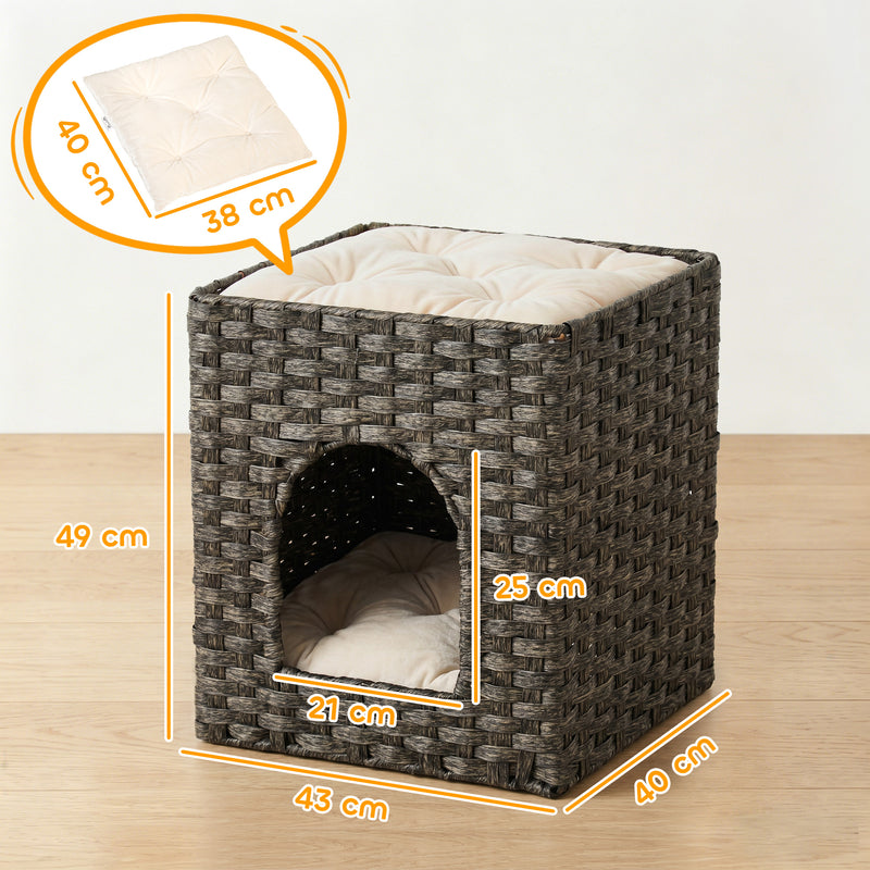 Two Level Cat House with Hideaway and Lounging Platform Easy Clean Grey Beige