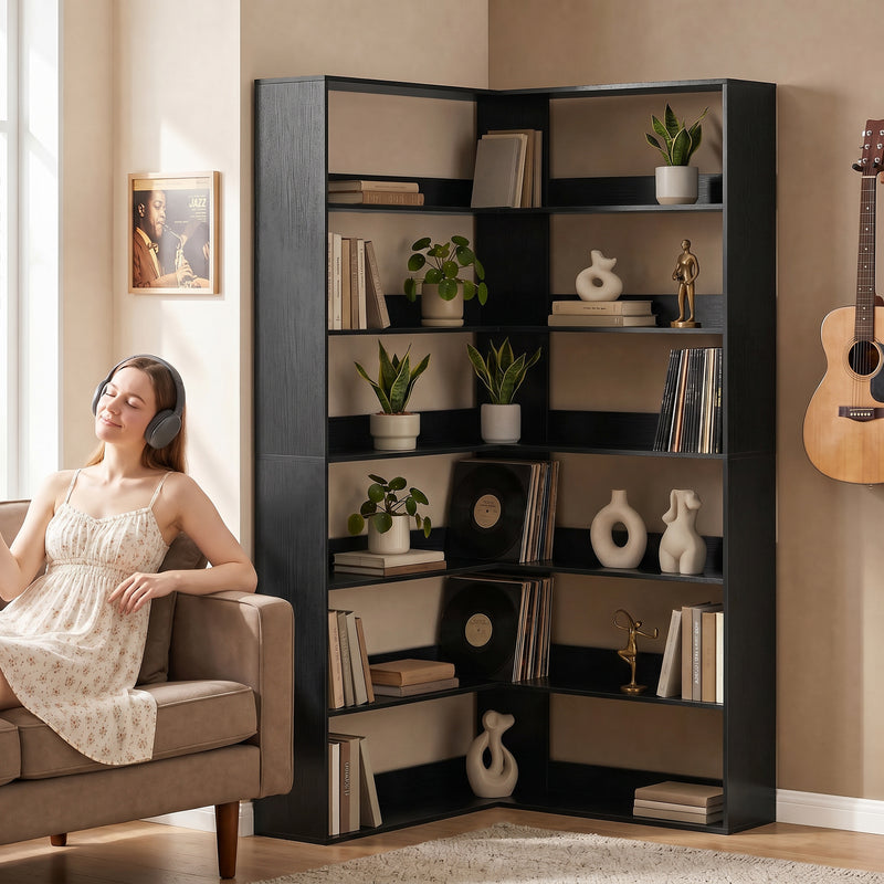 Tall Corner Bookcase with 7 Shelves for Space Saving Storage Black Wood Effect