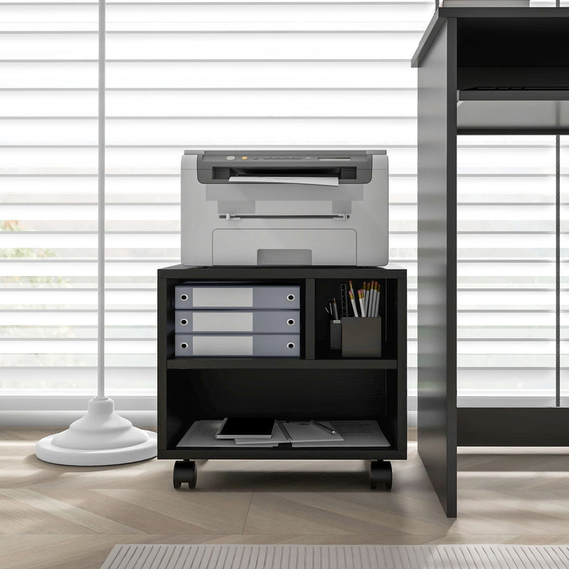 Mobile Printer Cabinet with Three Storage Compartments and Lockable Wheels, Black