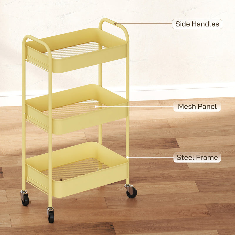 Three Tier Steel Storage Trolley With Wheels For Kitchen Or Office Use, Yellow