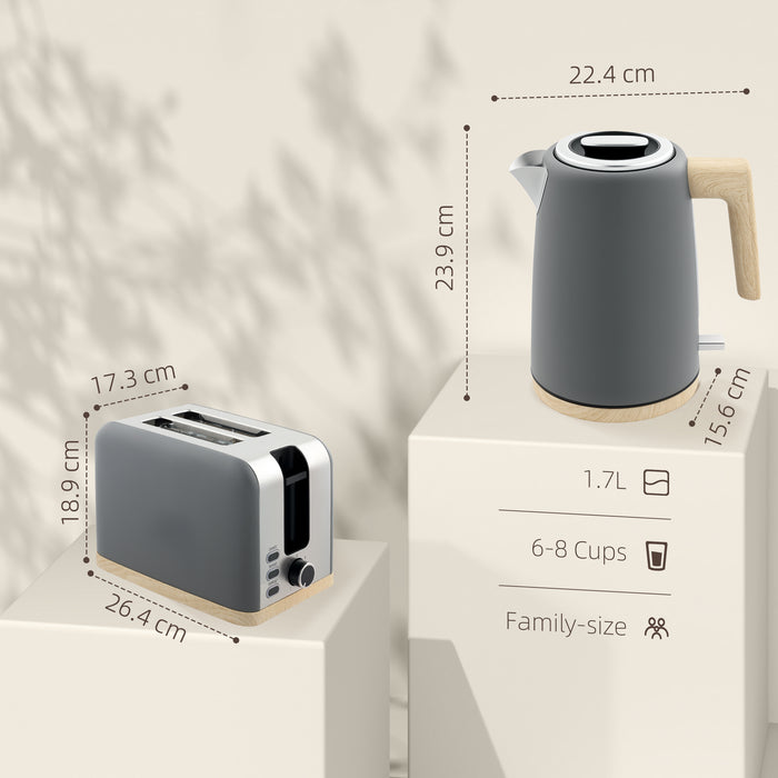 Grey 1.7L Fast Boil Cordless Kettle and 2 Slice Toaster Set with 7 Browning Levels by HOMCOM