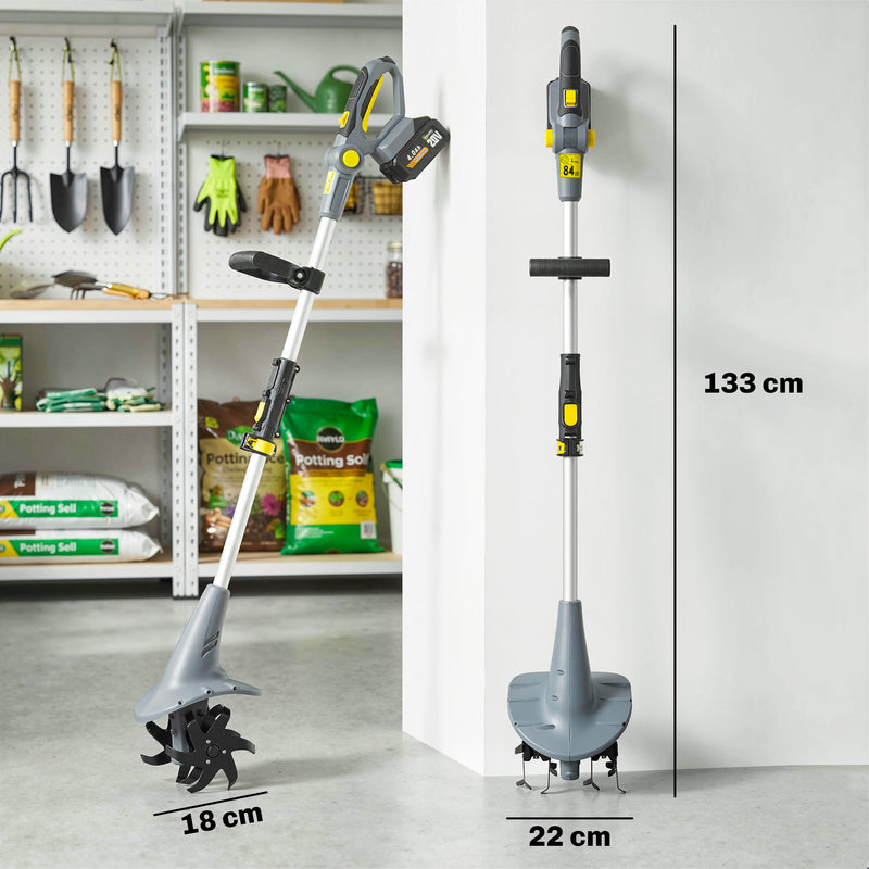 Cordless Garden Tiller for Easy Soil Preparation and Weeding with Adjustable Handle Grey AOSOM
