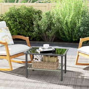 Outdoor Rattan Coffee Table with Tempered Glass Top and Storage Shelf for Patio Balcony Mixed Grey by Outsunny