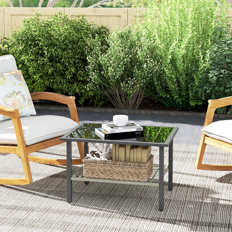 Outdoor Rattan Coffee Table with Tempered Glass Top and Storage Shelf for Patio Balcony Mixed Grey by Outsunny