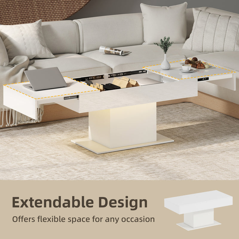 Extendable Coffee Table with LED Lighting and Hidden Storage for Living Room High Gloss White AOSOM