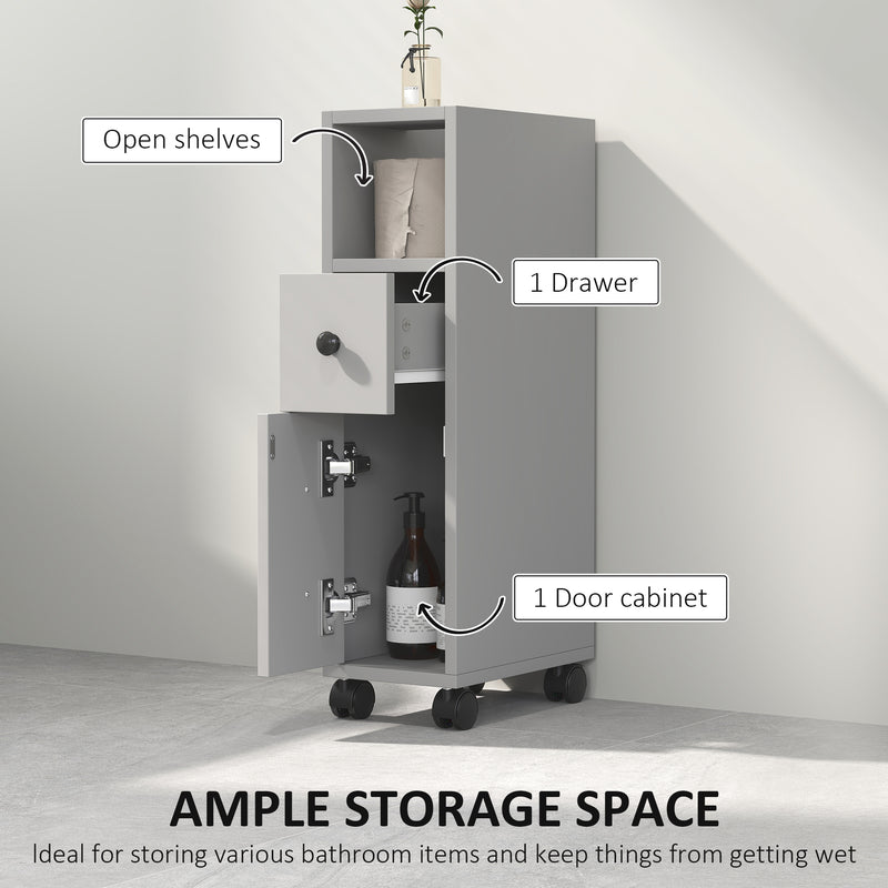 Grey Slimline Bathroom Storage Cabinet with Shelves and Cupboard by kleankin