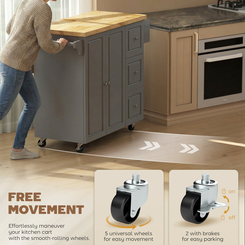 Grey Mobile Kitchen Island Trolley With Drop Leaf, Storage Shelves, Drawers, and Rubber Wood Counter Top For Easy Meal Prep