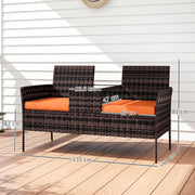 Rattan Garden Companion Seat with Central Table and Cushions for Two Brown Outsunny