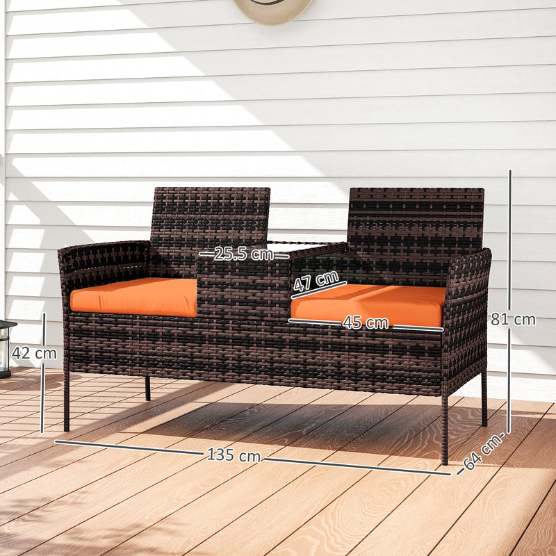 Rattan Garden Companion Seat with Central Table and Cushions for Two Brown Outsunny