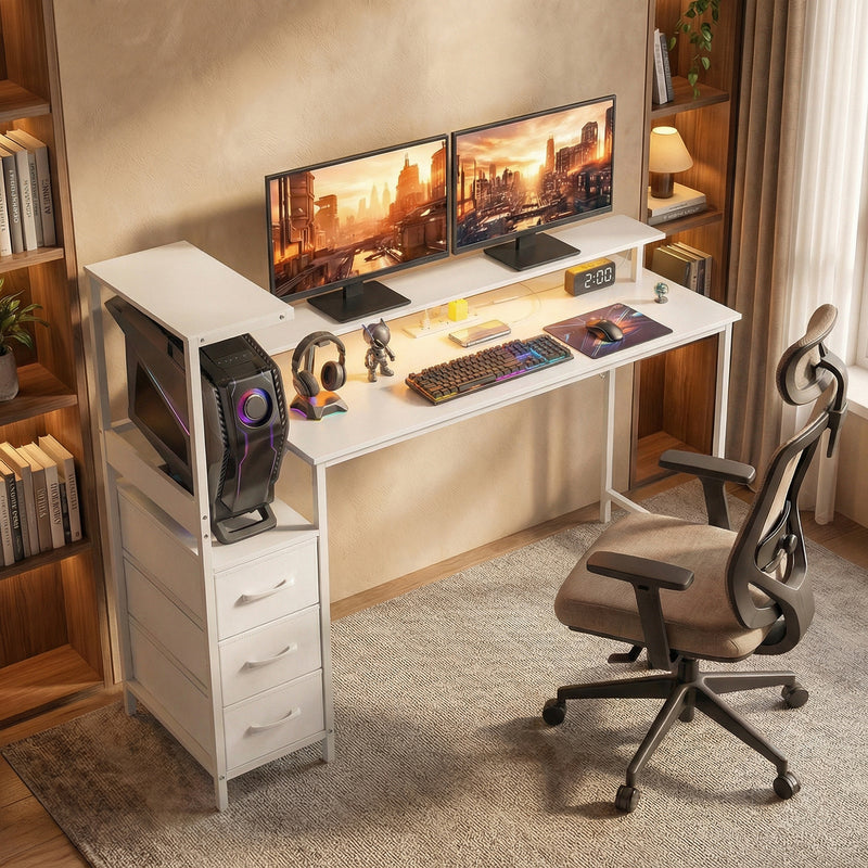 Computer Desk with Monitor Stand and Built-In Charging Hub for Home Office or Gaming White AOSOM