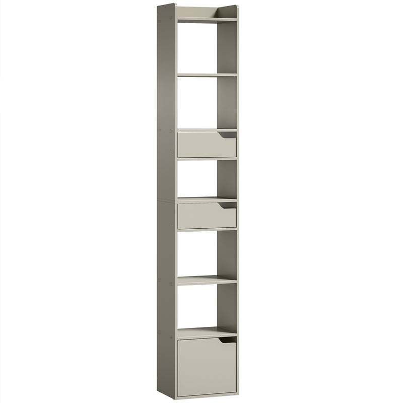 Slim Bookcase with Shelves Drawers and Cabinet for Small Room Storage Grey