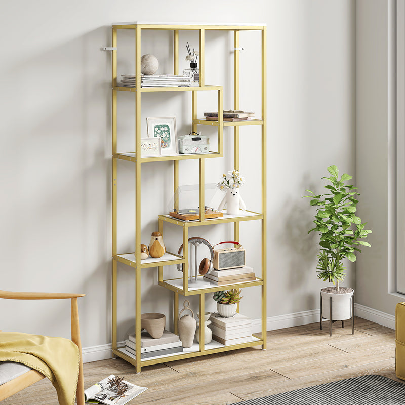 Elegant Gold Geometric Bookcase With 7 Tiered Open Shelves For Display And Storage, 80W x 30D x 180H cm