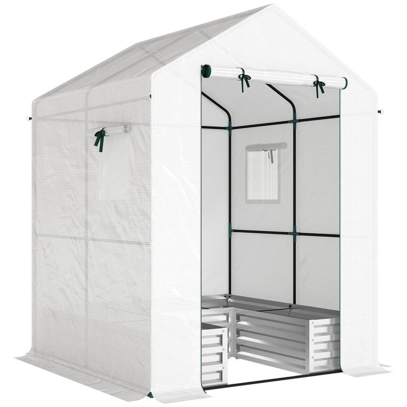 Mini Walk In Greenhouse With Raised Garden Bed And Roll Up Windows For Outdoor Growing White Outsunny