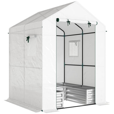 Mini Walk In Greenhouse With Raised Garden Bed And Roll Up Windows For Outdoor Growing White Outsunny