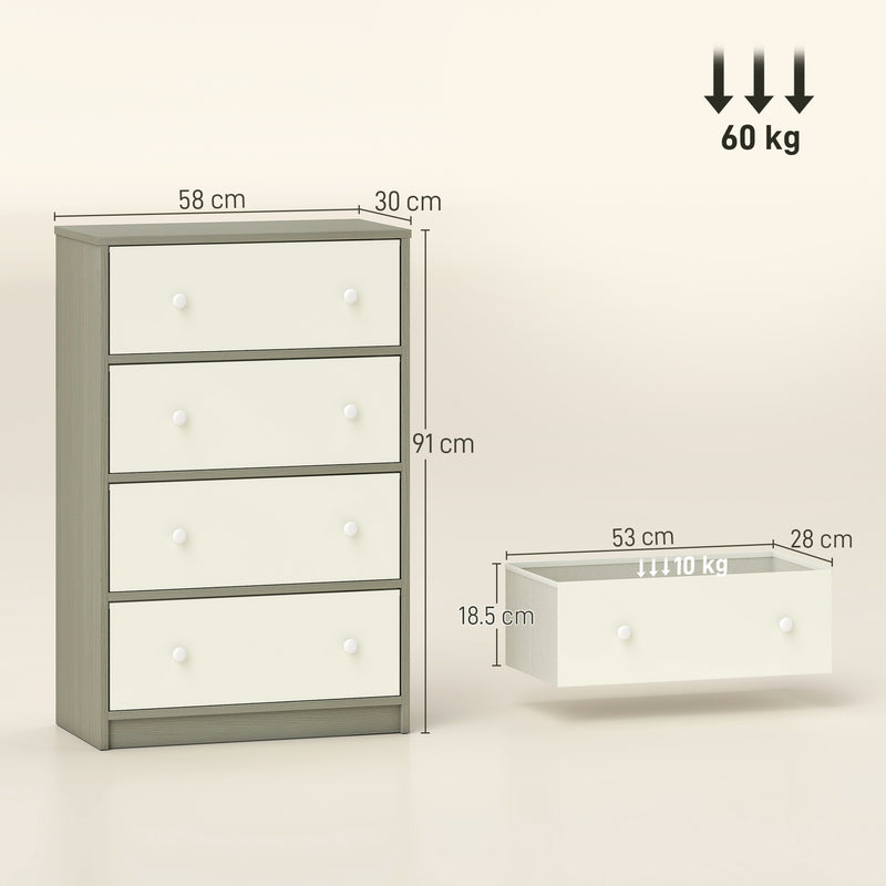 4 Drawer Fabric Chest Of Drawers With Steel Frame For Bedroom Or Hallway, White Grey
