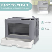 Enclosed Hooded Cat Litter Box with Drawer Scoop and Top Exit Design for Easy Cleaning, Grey