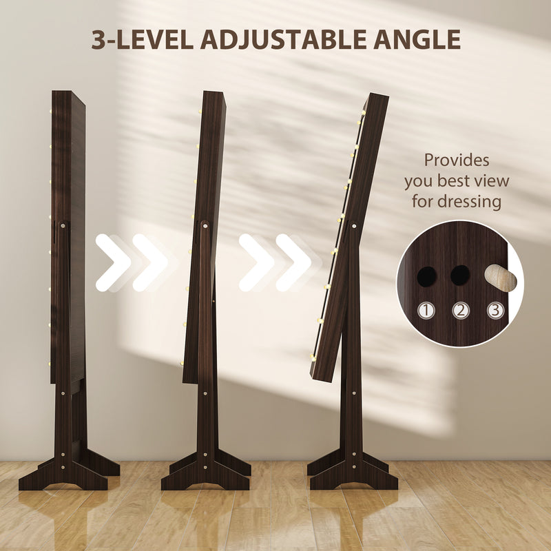 Full Length Jewellery Cabinet Mirror with LED Lights and Adjustable Angle, Dark Brown