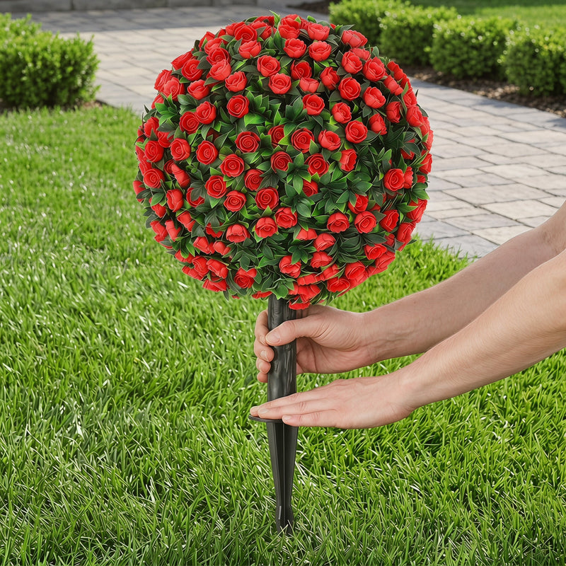 Artificial Rose Topiary Stakes Set of 2 for Easy Year Round Front Door Display