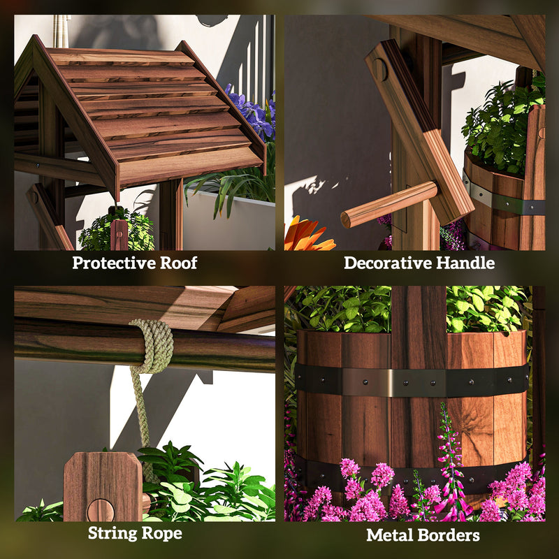 Outsunny Wood Wishing Well for Outside with Hanging Bucket, Wishing Well Planter with Drain Hole for Garden Patio, Carbonized AOSOM