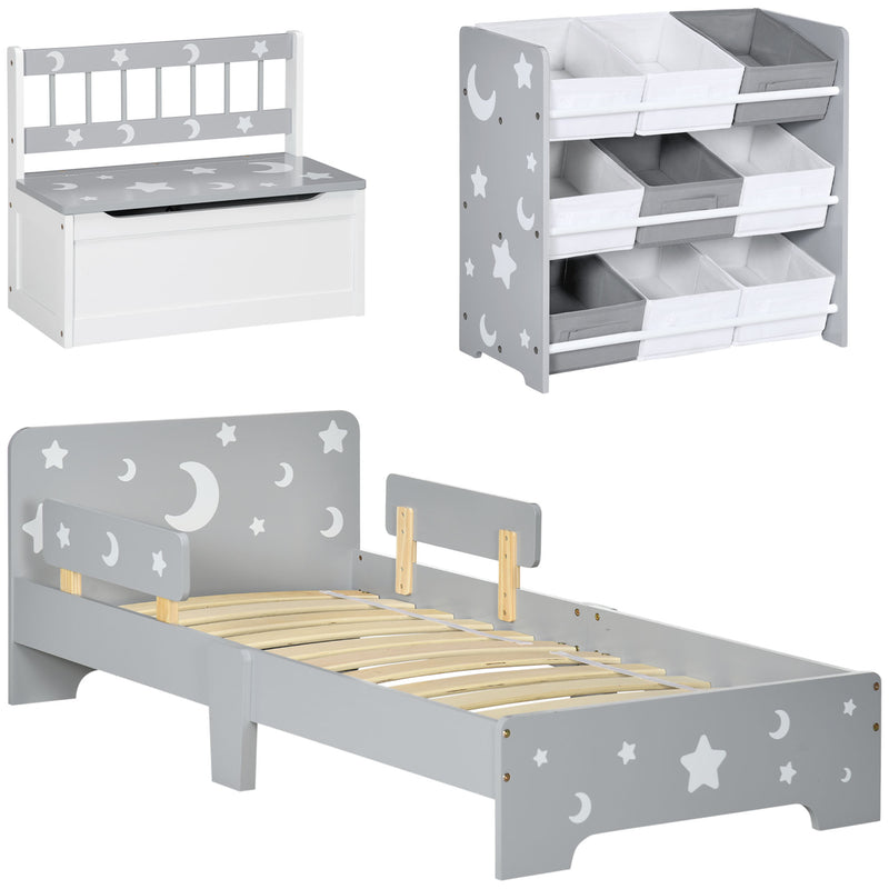 3 Piece Kids Bedroom Furniture Set with Bed Toy Box and Storage Baskets Grey AOSOM
