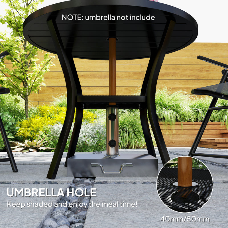 90 cm Round Steel Garden Dining Table with Parasol Hole and Shelf Black by Outsunny