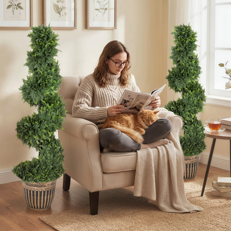 Artificial Spiral Boxwood Trees Set of 2 for Easy Year Round Greenery Indoors or Outdoors Green AOSOM