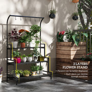 Black 3 Tier Tall Plant Stand With Hanging Hooks For Indoor Or Outdoor Display Use