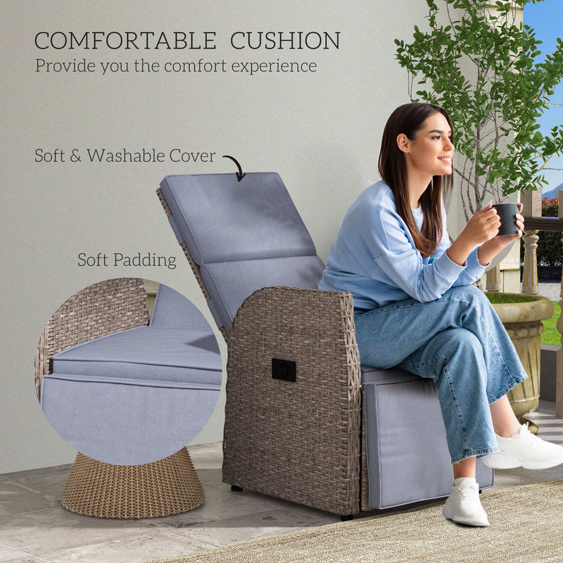 Rattan Reclining Garden Armchair with Footrest Ideal for Outdoor Relaxing Brown Grey AOSOM