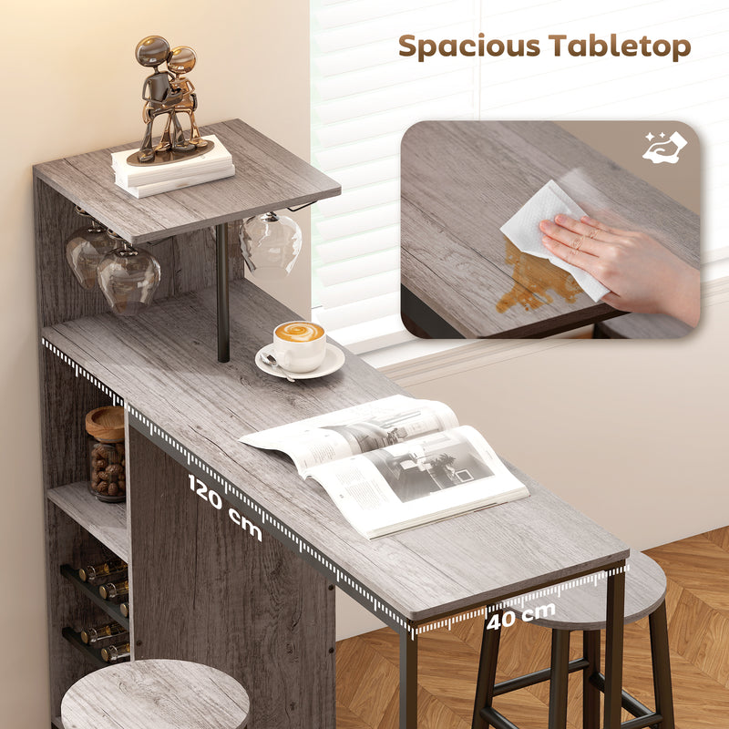 Bar Table Set with Storage Shelves and Stools for Small Kitchens or Flats Natural Wood Finish AOSOM