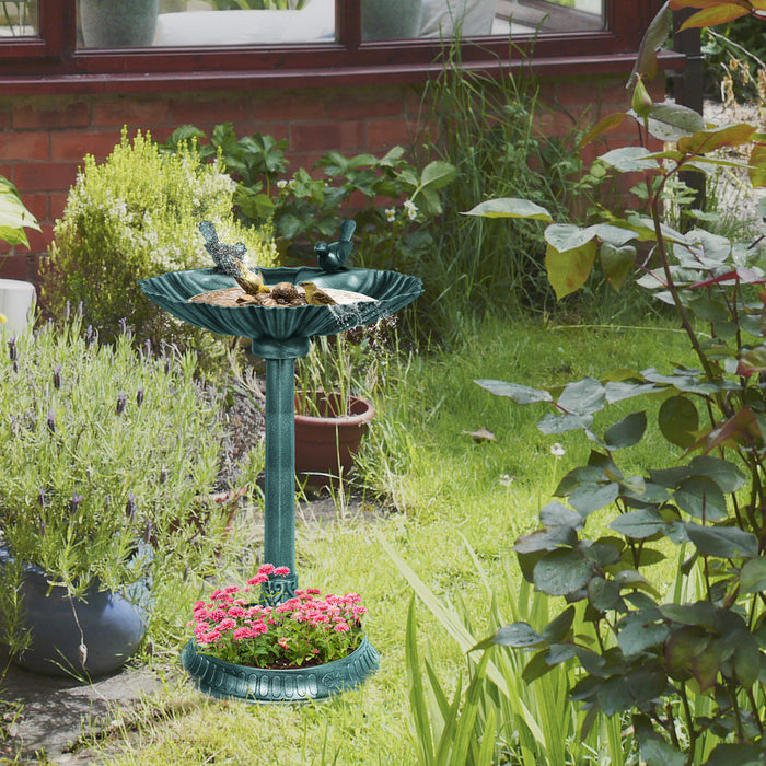Green 81cm Tall Vintage Style Bird Bath with Decorative Birds and Planter Base by Outsunny
