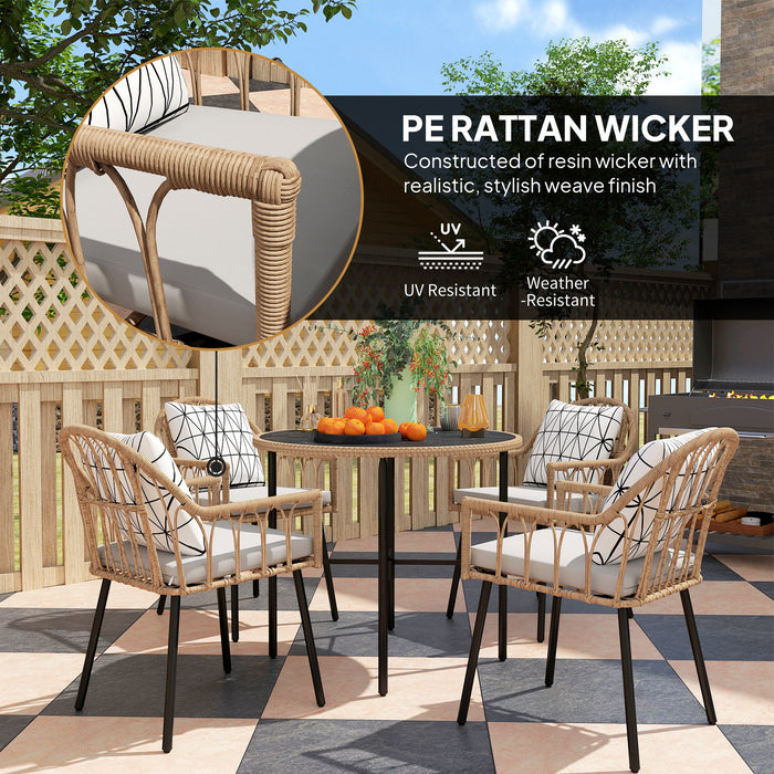Light Brown 5 Piece Rattan Patio Dining Set with Cushions and Glass Table by Outsunny