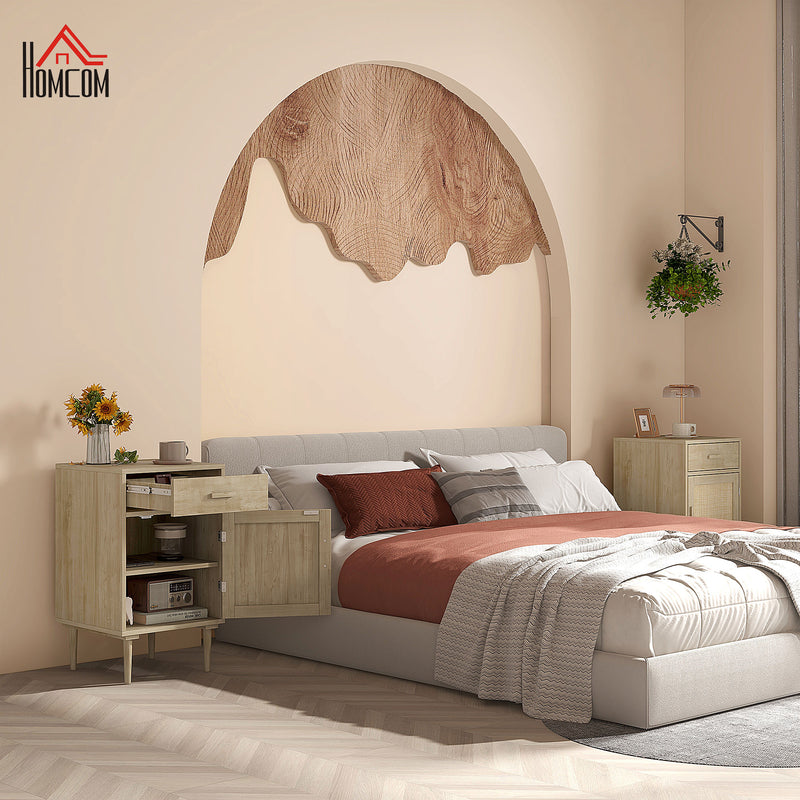 Boho Rattan Bedside Table With Drawer And Adjustable Shelf For Bedroom Storage Natural