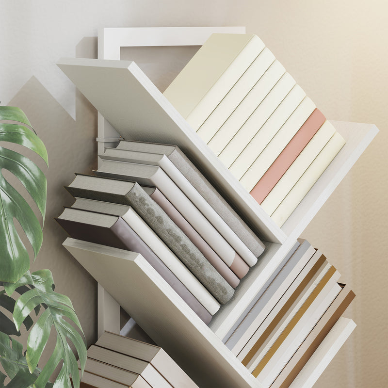 Tree Bookshelf with Eight Sections for Compact Book and Media Storage White AOSOM